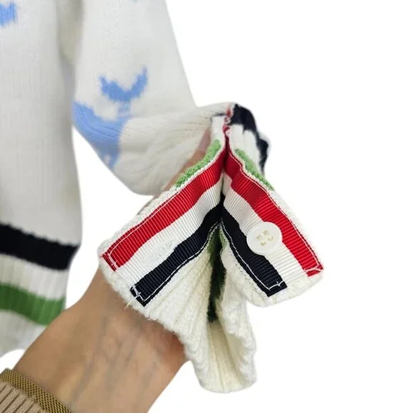 Thom Browne Womens V-Neck Whale Knit Cotton Sweater, Striped, Size 36 - Picture 8 of 11